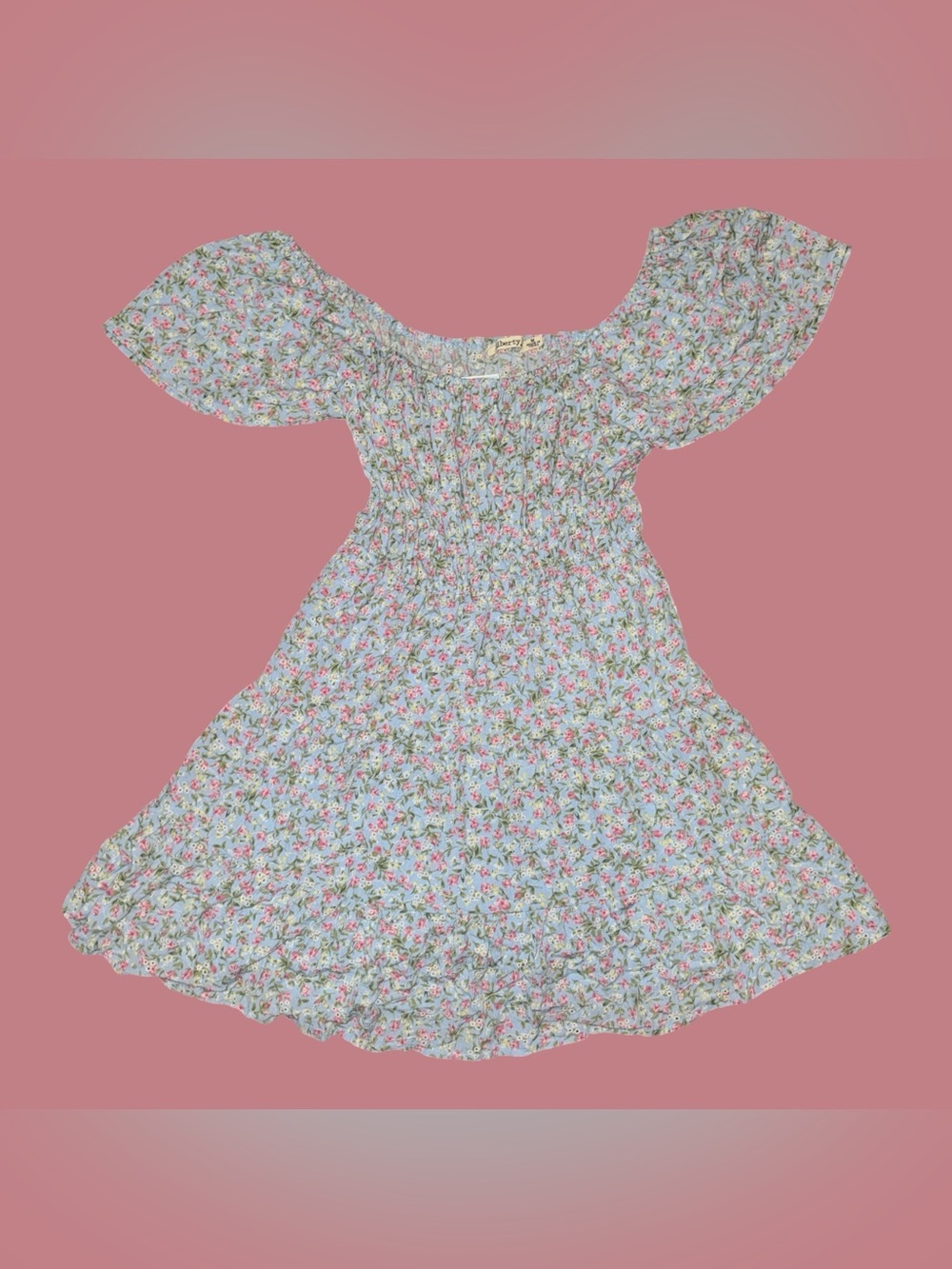 liberty Light Blue Floral Puff Sleeve Smocked Mini Off-The-Shoulder Boho Dress